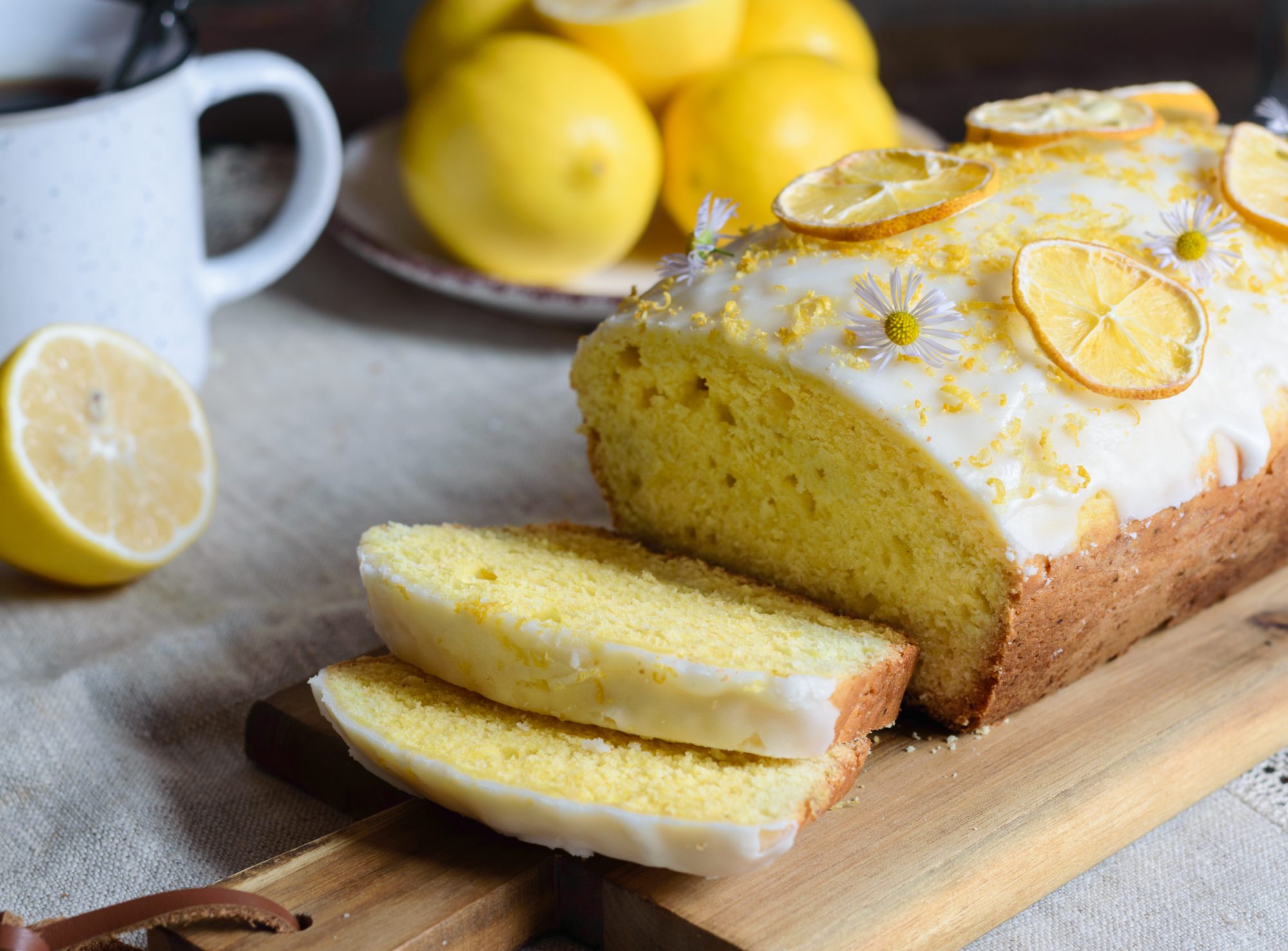lemon loaf cake, classic recipe, decorated with sugar icing